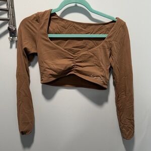 Allure The Brand Brown Ruched Long Sleeve Crop Top Activewear Sweetheart Neck S